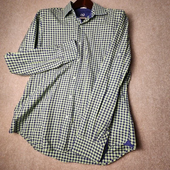 BUGATCHI UOMO Mens Gingham Check Long Sleeve Button Down Shirt Green Navy Blue - Picture 2 of 8